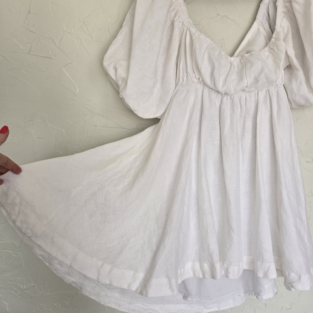 Showpo. Amalie Linen Tie Back Puff Sleeve White Dress, 12 - Picture 5 of 14